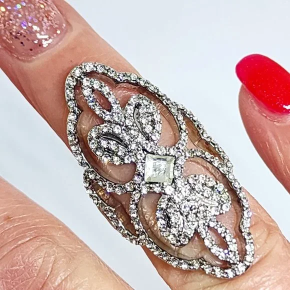 Victorian Style Pave White Rhinestone Dressy Silver Statement Cocktail Ring SZ 5 - Picture 1 of 10